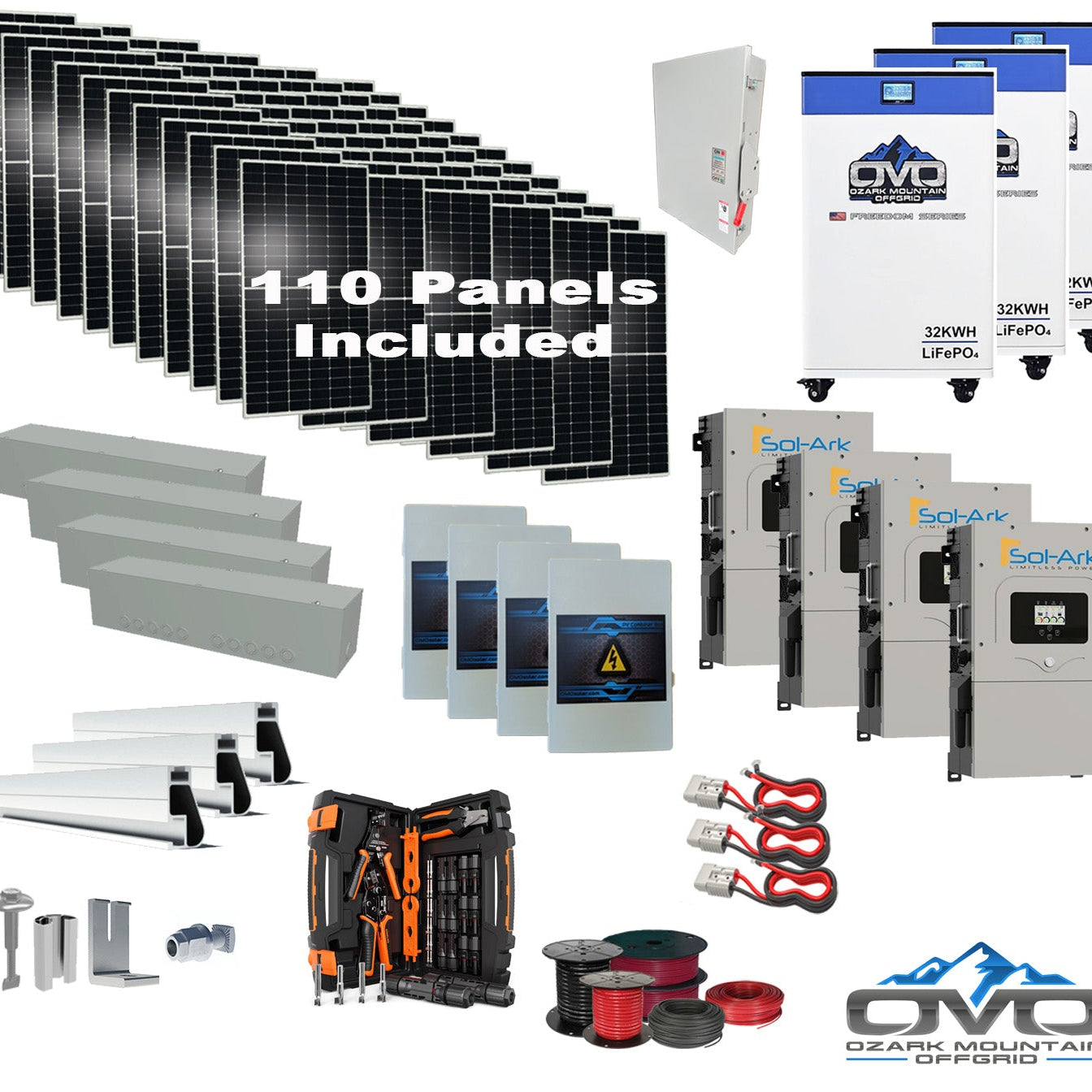 60KW Complete Offgrid Solar Kit + 4x 15K Sol-Ark Inverter + 3x 32kWh OMO 48V Freedom Series Lithium Battery +60.5KW Solar with Roof Mount and Wiring