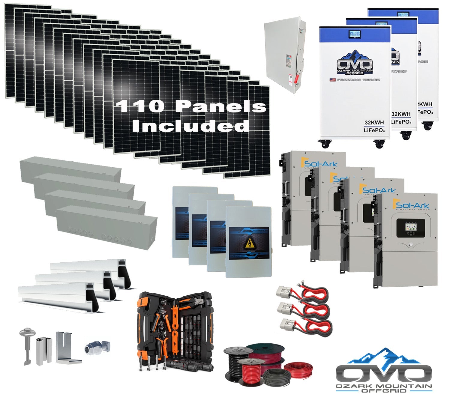 60KW Complete Offgrid Solar Kit + 4x 15K Sol-Ark Inverter + 3x 32kWh OMO 48V Freedom Series Lithium Battery +60.5KW Solar with Roof Mount and Wiring