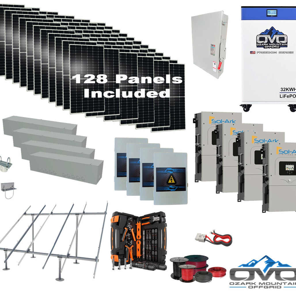 70KW Complete Offgrid Solar Kit + 4x 15K Sol-Ark Inverter + 32kWh OMO 48V Freedom Series Lithium Battery +70.4KW Solar with Ground Mount and Wiring