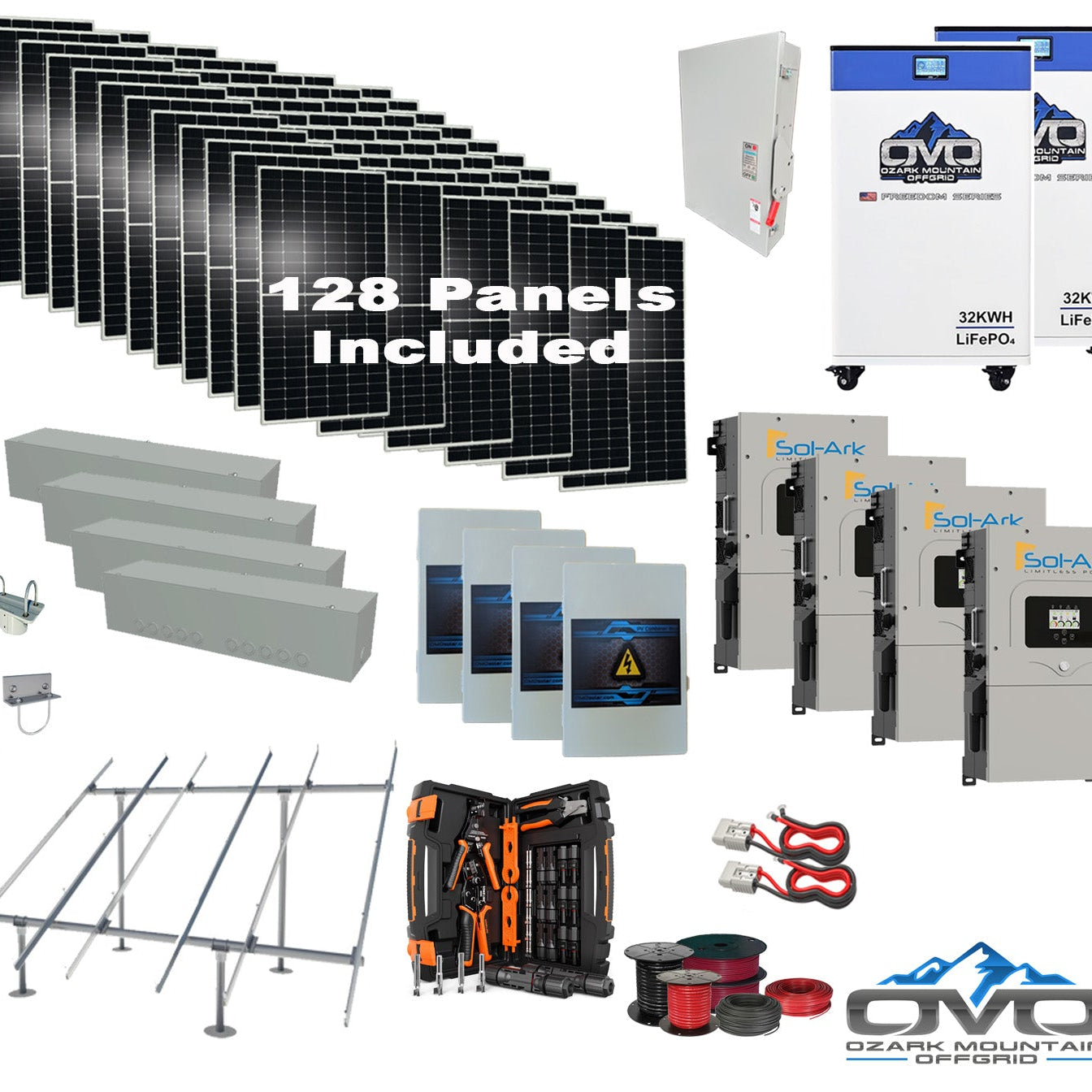 70KW Complete Offgrid Solar Kit + 4x 15K Sol-Ark Inverter + 2x 32kWh OMO 48V Freedom Series Lithium Battery +70.4KW Solar with Ground Mount and Wiring