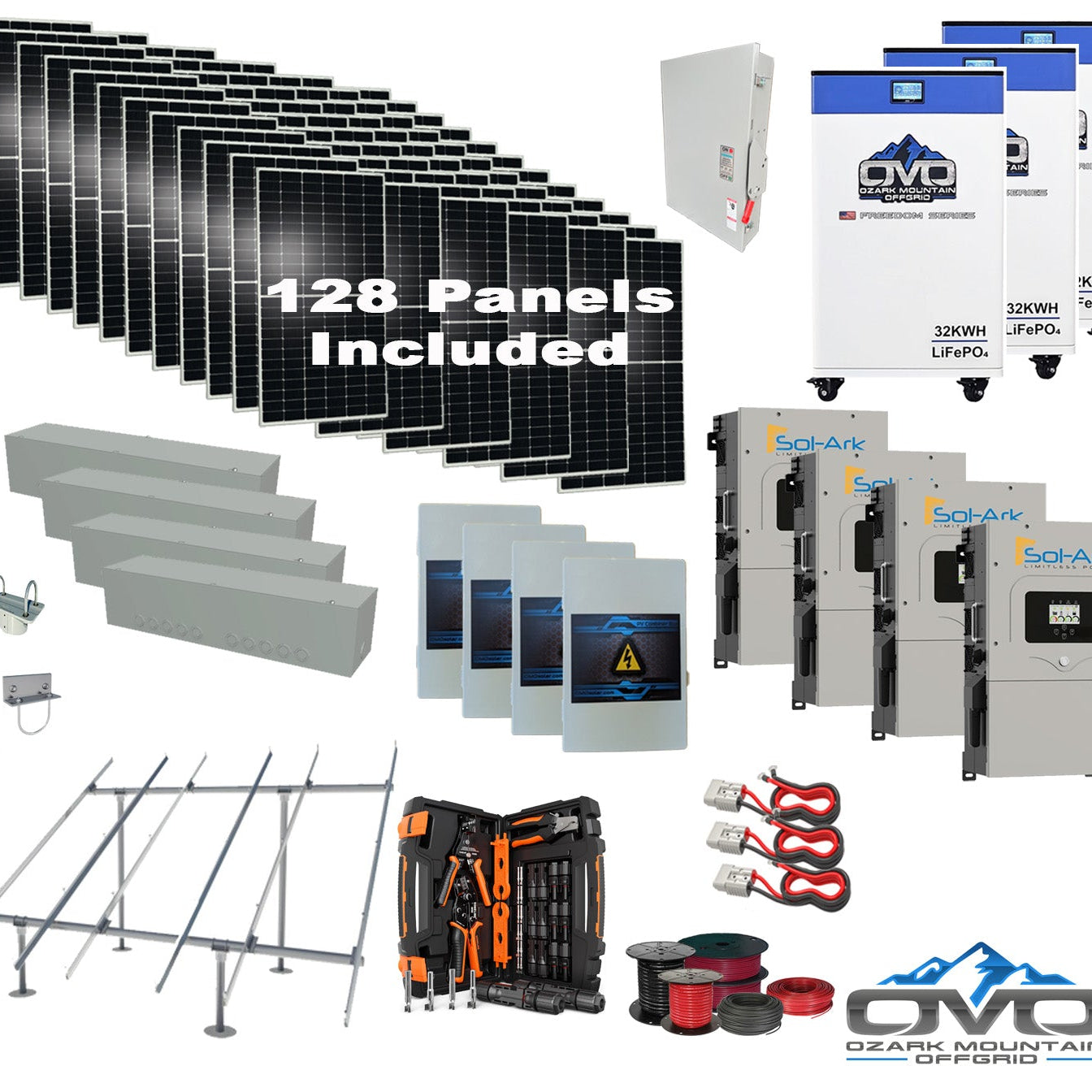 70KW Complete Offgrid Solar Kit + 4x 15K Sol-Ark Inverter + 3x 32kWh OMO 48V Freedom Series Lithium Battery +70.4KW Solar with Ground Mount and Wiring