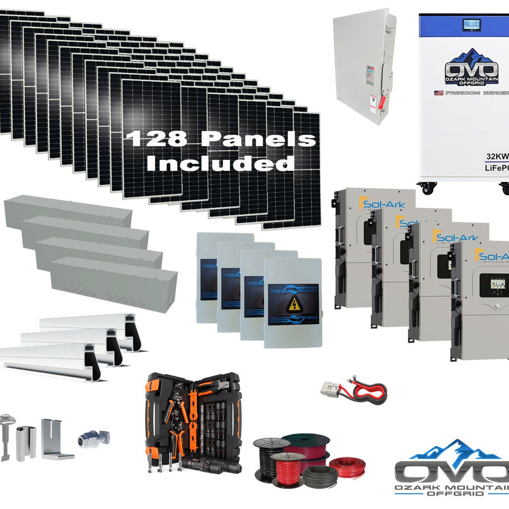 70KW Complete Offgrid Solar Kit + 4x 15K Sol-Ark Inverter + 32kWh OMO 48V Freedom Series Lithium Battery +70.4KW Solar with Roof Mount and Wiring