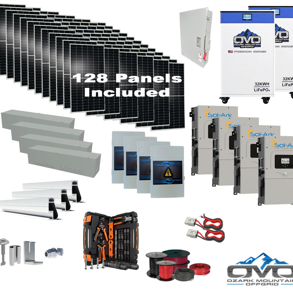 70KW Complete Offgrid Solar Kit + 4x 15K Sol-Ark Inverter + 2x 32kWh OMO 48V Freedom Series Lithium Battery +70.4KW Solar with Roof Mount and Wiring