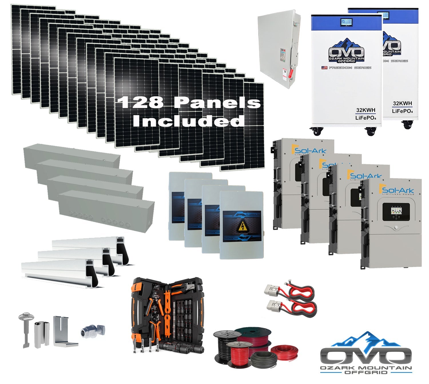 70KW Complete Offgrid Solar Kit + 4x 15K Sol-Ark Inverter + 2x 32kWh OMO 48V Freedom Series Lithium Battery +70.4KW Solar with Roof Mount and Wiring