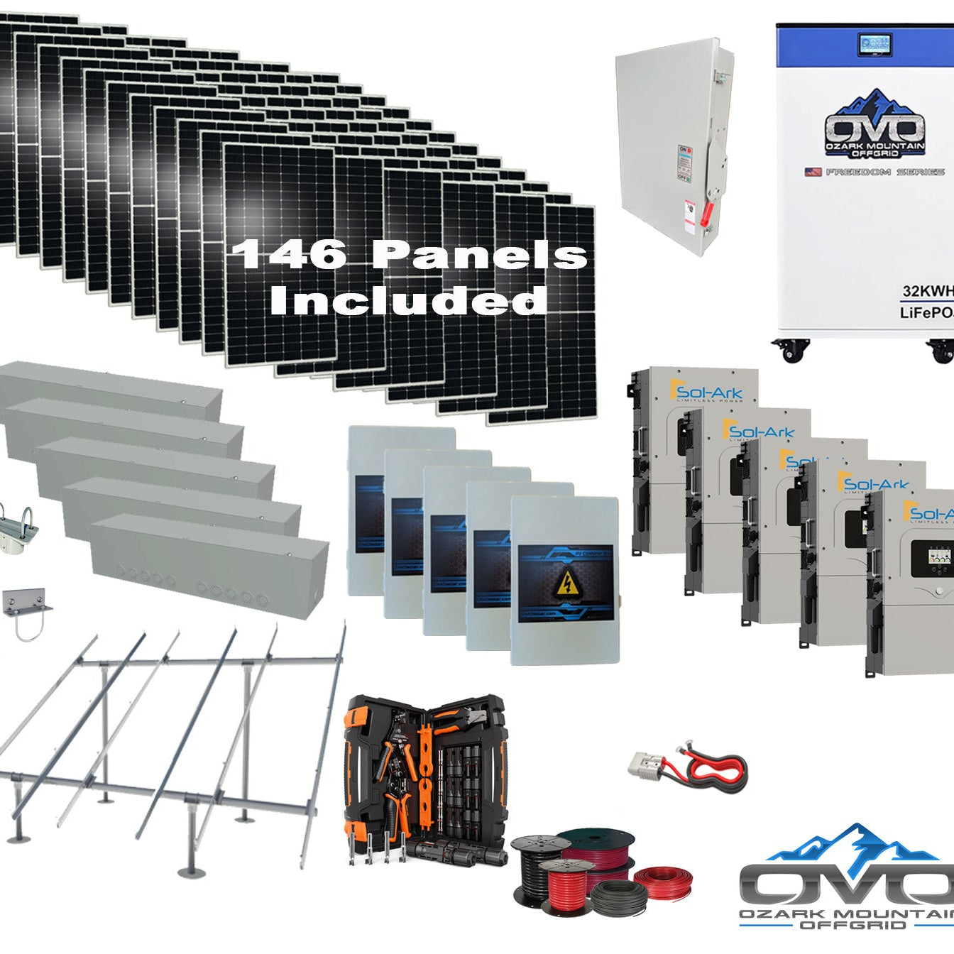 80KW Complete Offgrid Solar Kit + 5x 15K Sol-Ark Inverter + 32kWh OMO 48V Freedom Series Lithium Battery +80.3KW Solar with Ground Mount and Wiring