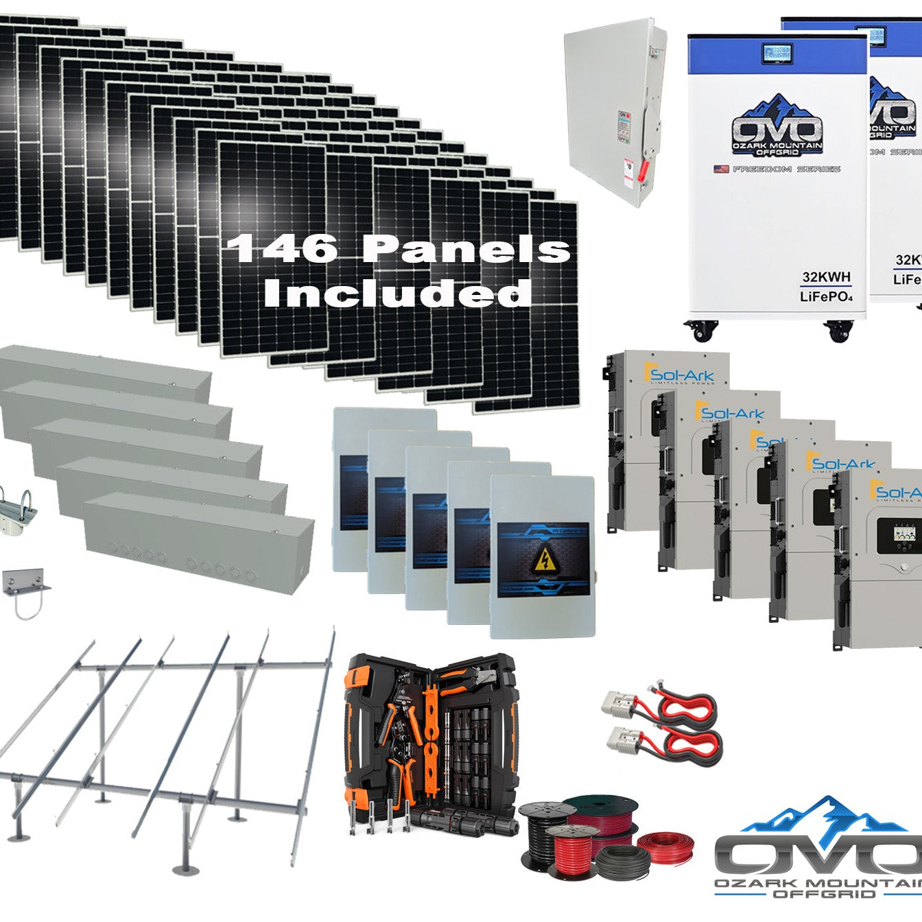80KW Complete Offgrid Solar Kit + 5x 15K Sol-Ark Inverter + 2x 32kWh OMO 48V Freedom Series Lithium Battery +80.3KW Solar with Ground Mount and Wiring