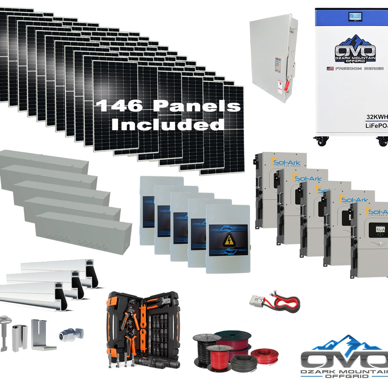 80KW Complete Offgrid Solar Kit + 5x 15K Sol-Ark Inverter + 32kWh OMO 48V Freedom Series Lithium Battery +80.3KW Solar with Roof Mount and Wiring
