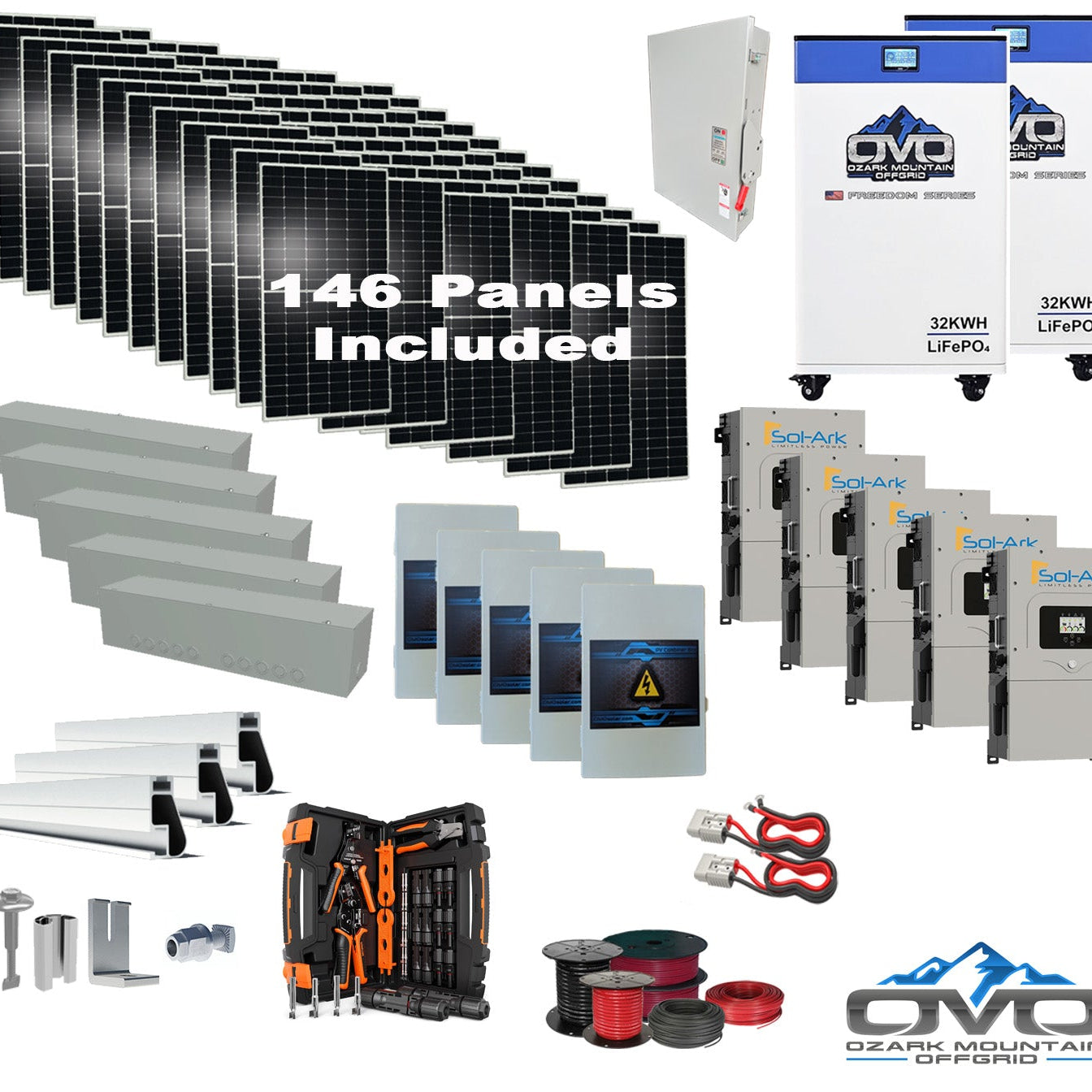 80KW Complete Offgrid Solar Kit + 5x 15K Sol-Ark Inverter + 2x 32kWh OMO 48V Freedom Series Lithium Battery +80.3KW Solar with Roof Mount and Wiring