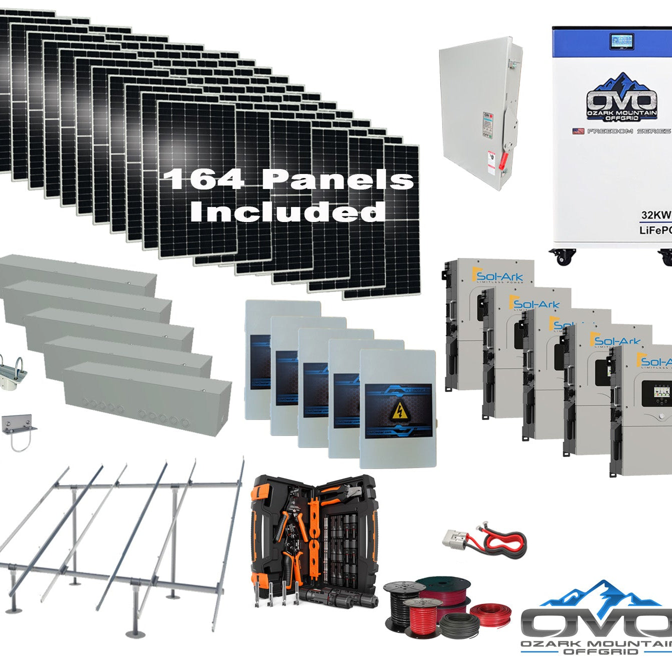 90KW Complete Offgrid Solar Kit + 5x 15K Sol-Ark Inverter + 32kWh OMO 48V Freedom Series Lithium Battery +90.2KW Solar with Ground Mount and Wiring