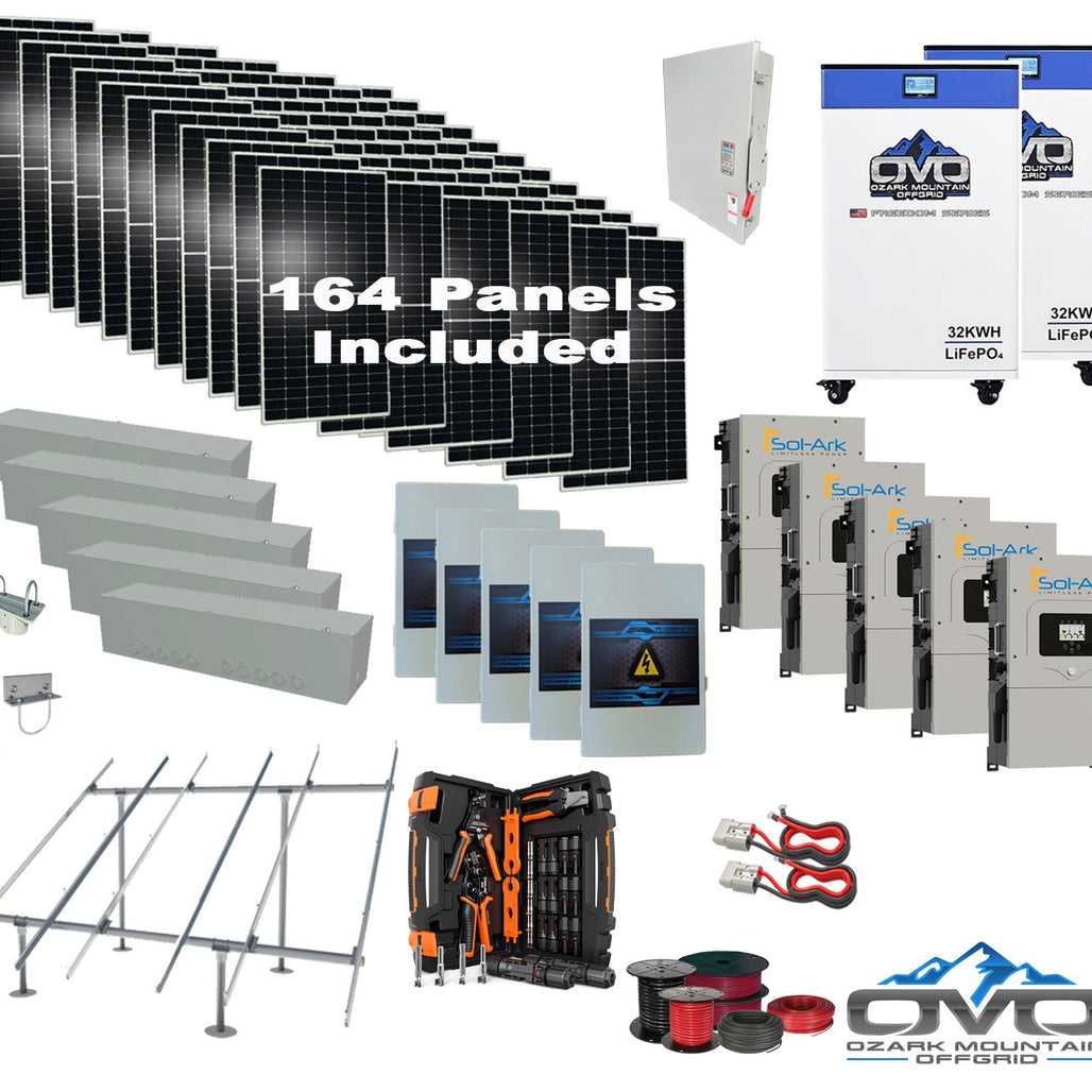 90KW Complete Offgrid Solar Kit + 5x 15K Sol-Ark Inverter + 2x 32kWh OMO 48V Freedom Series Lithium Battery +90.2KW Solar with Ground Mount and Wiring
