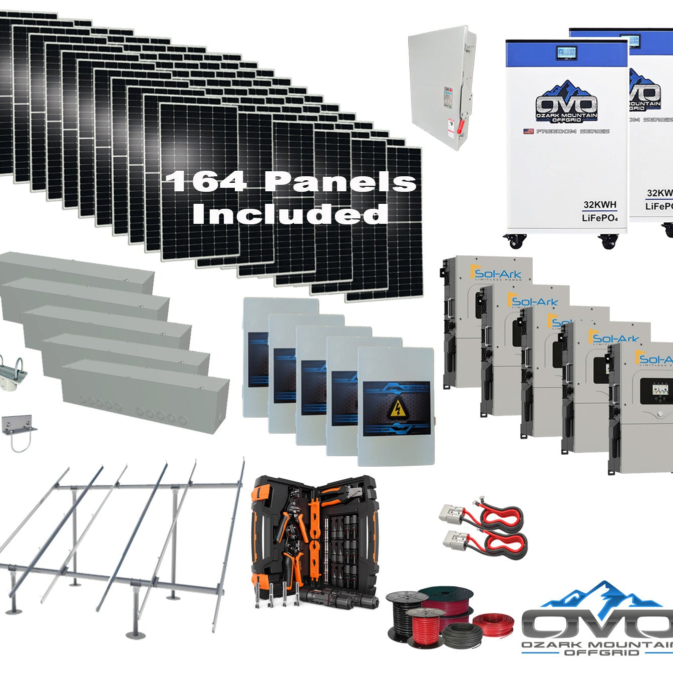 90KW Complete Offgrid Solar Kit + 5x 15K Sol-Ark Inverter + 2x 32kWh OMO 48V Freedom Series Lithium Battery +90.2KW Solar with Ground Mount and Wiring