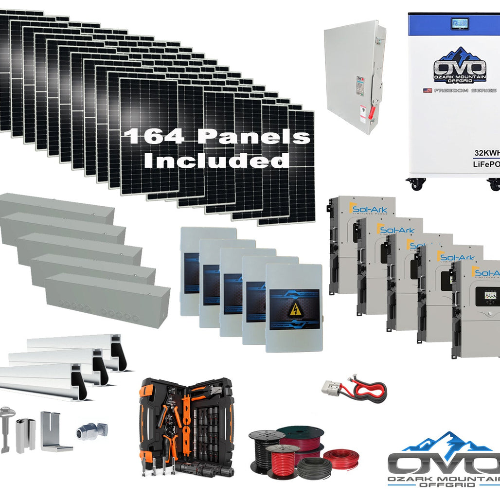 90KW Complete Offgrid Solar Kit + 5x 15K Sol-Ark Inverter + 32kWh OMO 48V Freedom Series Lithium Battery +90.2KW Solar with Roof Mount and Wiring
