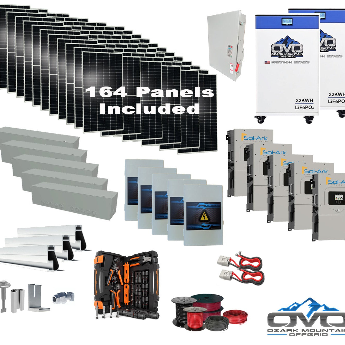90KW Complete Offgrid Solar Kit + 5x 15K Sol-Ark Inverter + 2x 32kWh OMO 48V Freedom Series Lithium Battery +90.2KW Solar with Roof Mount and Wiring