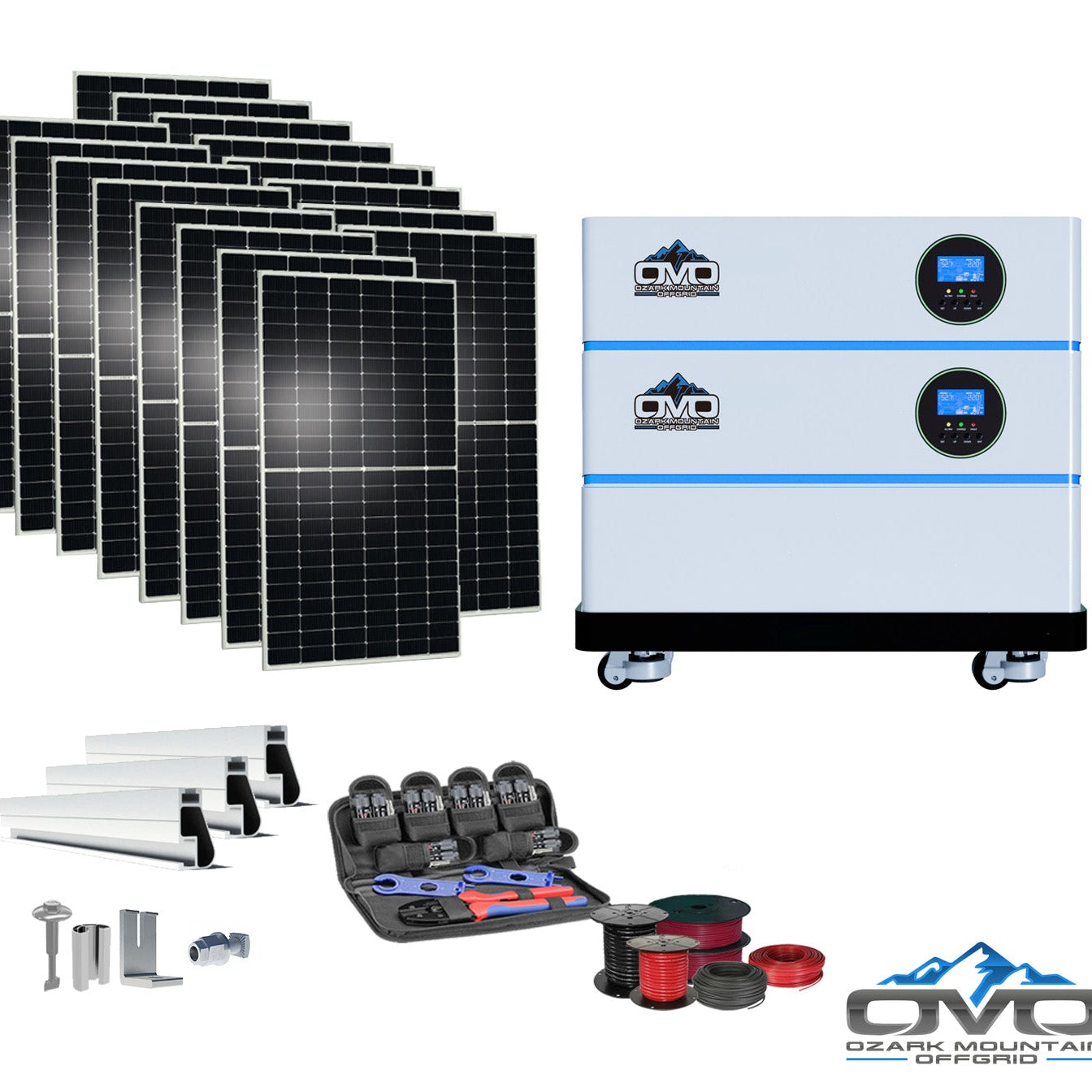 8KW OMO All-In-One Customizable Stacking Inverter/Battery System 120/240 11000W Total Inverter Output + 5.12K Lithium Battery + 8.8KW Solar Roof Mount