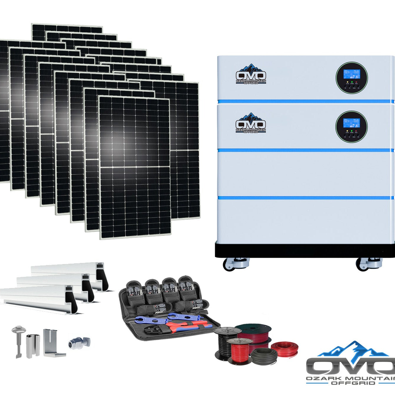 8KW OMO All-In-One Customizable Stacking Inverter/Battery System 120/240 11000W Total Inverter Output + 10.24K Lithium Battery + 8.8KW Solar Roof Mount