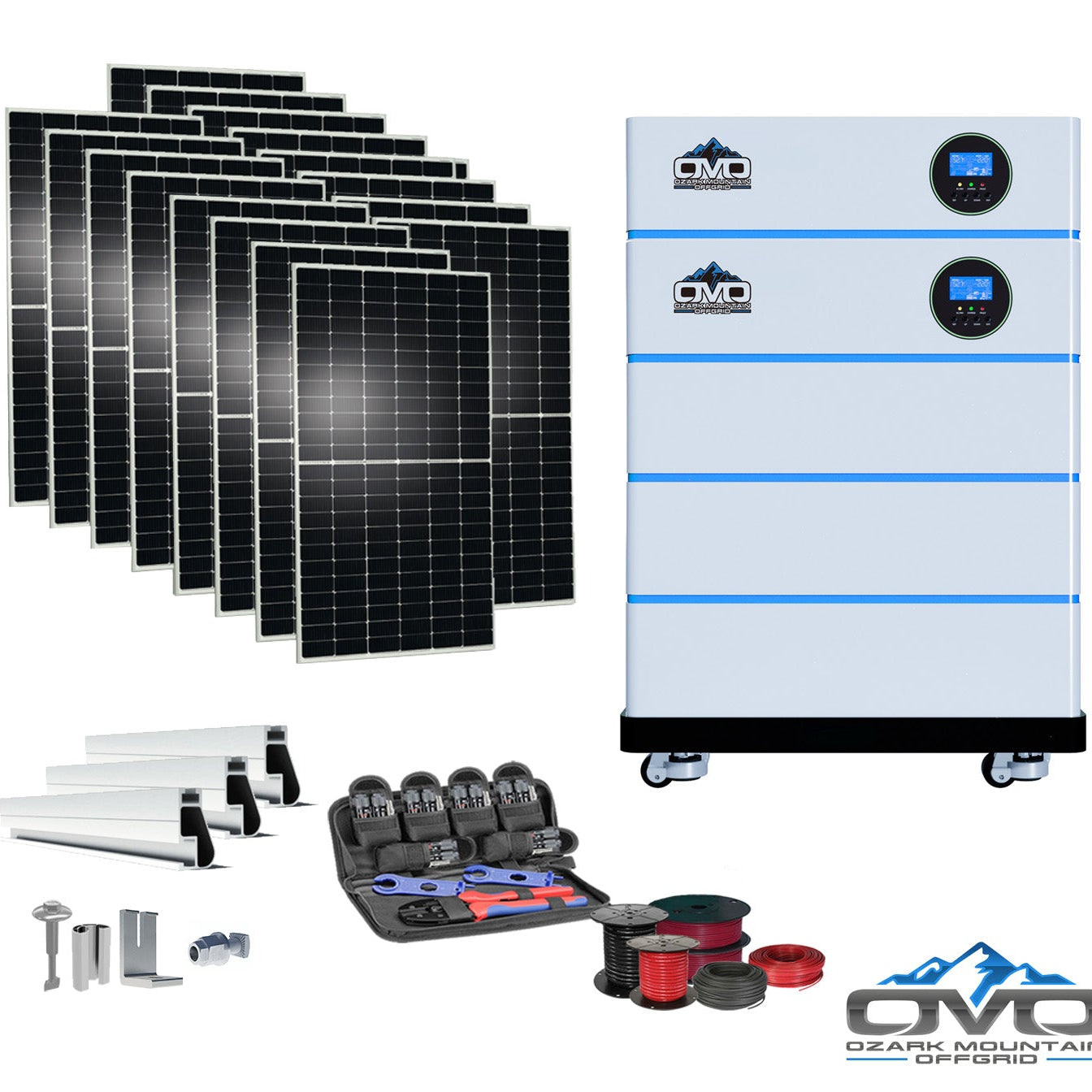 8KW OMO All-In-One Customizable Stacking Inverter/Battery System 120/240 11000W Total Inverter Output + 15.36K Lithium Battery + 8.8KW Solar Roof Mount
