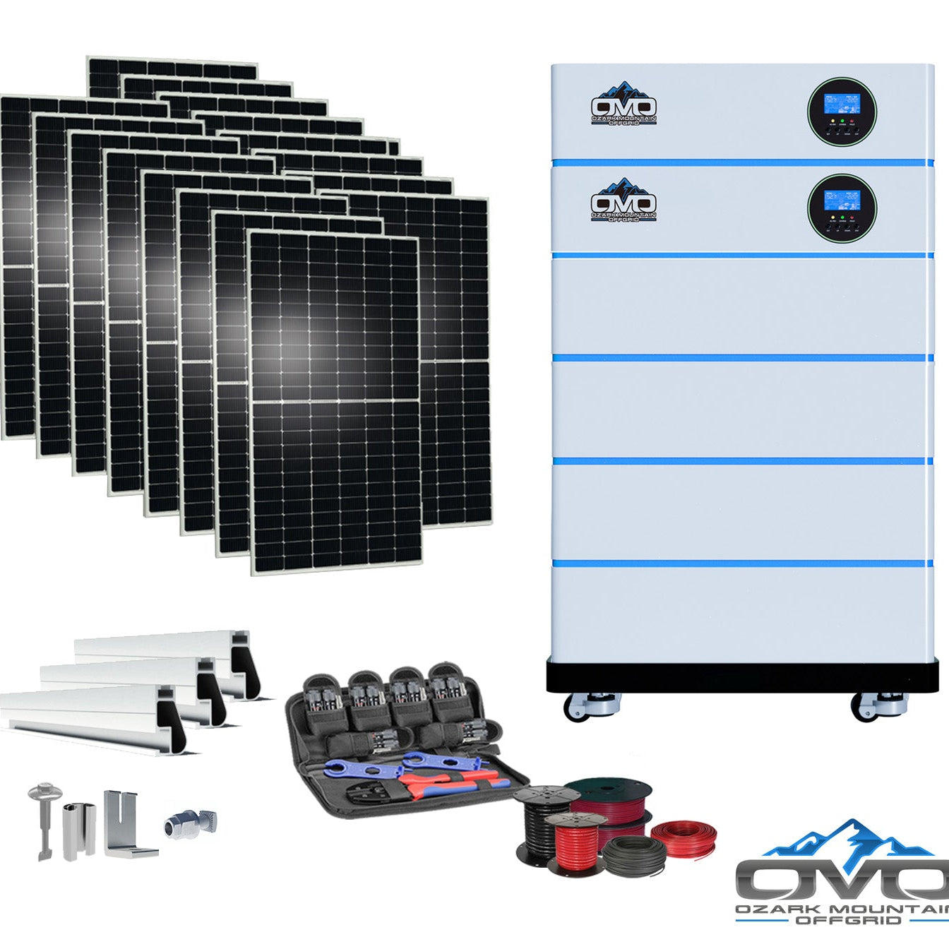 8KW OMO All-In-One Customizable Stacking Inverter/Battery System 120/240 11000W Total Inverter Output + 20.48K Lithium Battery + 8.8KW Solar Roof Mount