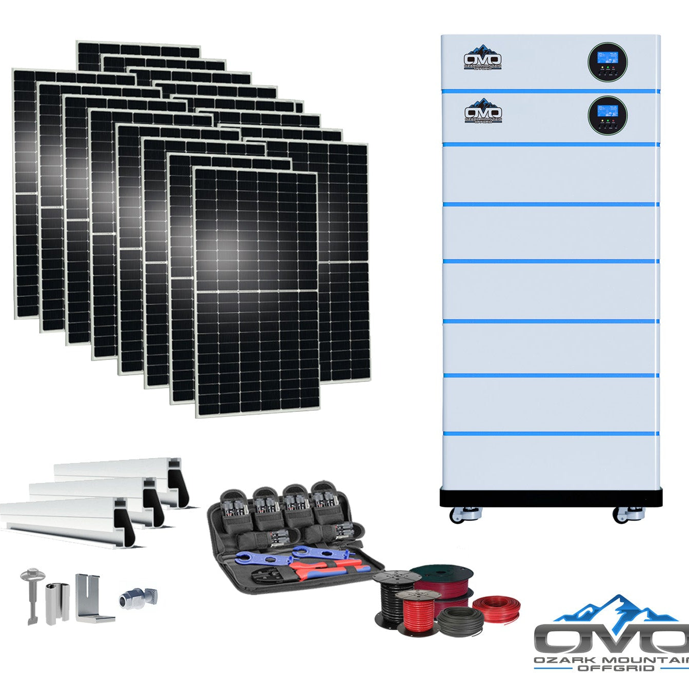 8KW OMO All-In-One Customizable Stacking Inverter/Battery System 120/240 11000W Total Inverter Output + 30.72K Lithium Battery + 8.8KW Solar Roof Mount