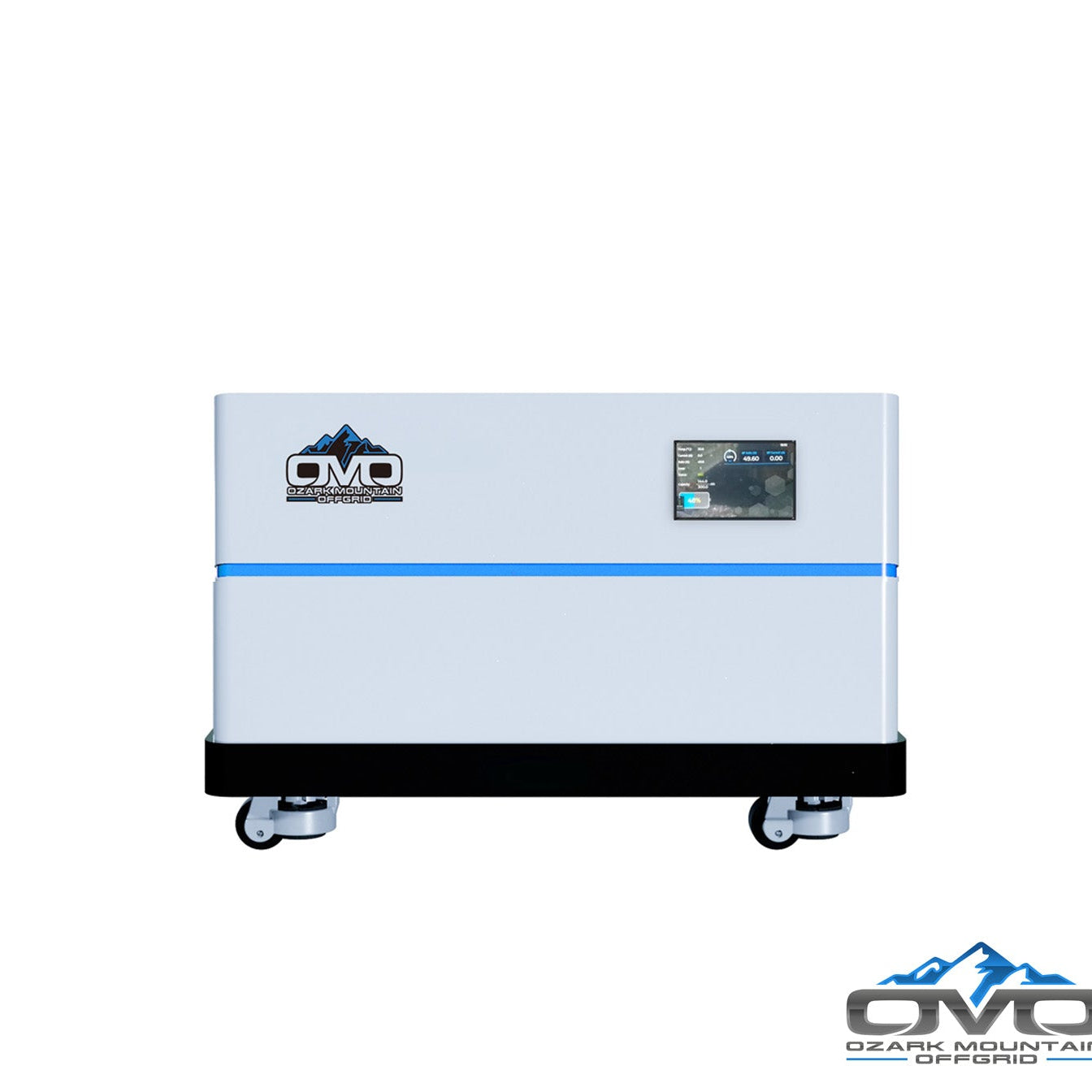 OMO Stackable 51.2V 5.12KW Heated LifePO4 Lithium Battery System - 1x 5.12KW Batteries + LCD Display Combiner + Wheeled Base