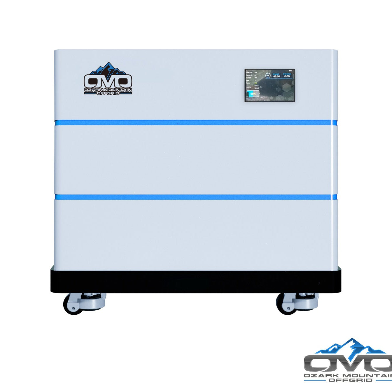 OMO Stackable 51.2V 10.24KW Heated LifePO4 Lithium Battery System - 2x 5.12KW Batteries + LCD Display Combiner + Wheeled Base