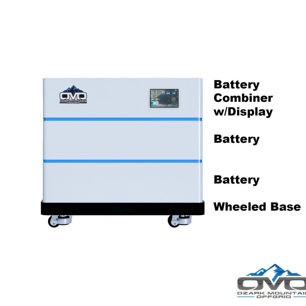 OMO Stackable 51.2V 10.24KW Heated LifePO4 Lithium Battery System - 2x 5.12KW Batteries + LCD Display Combiner + Wheeled Base