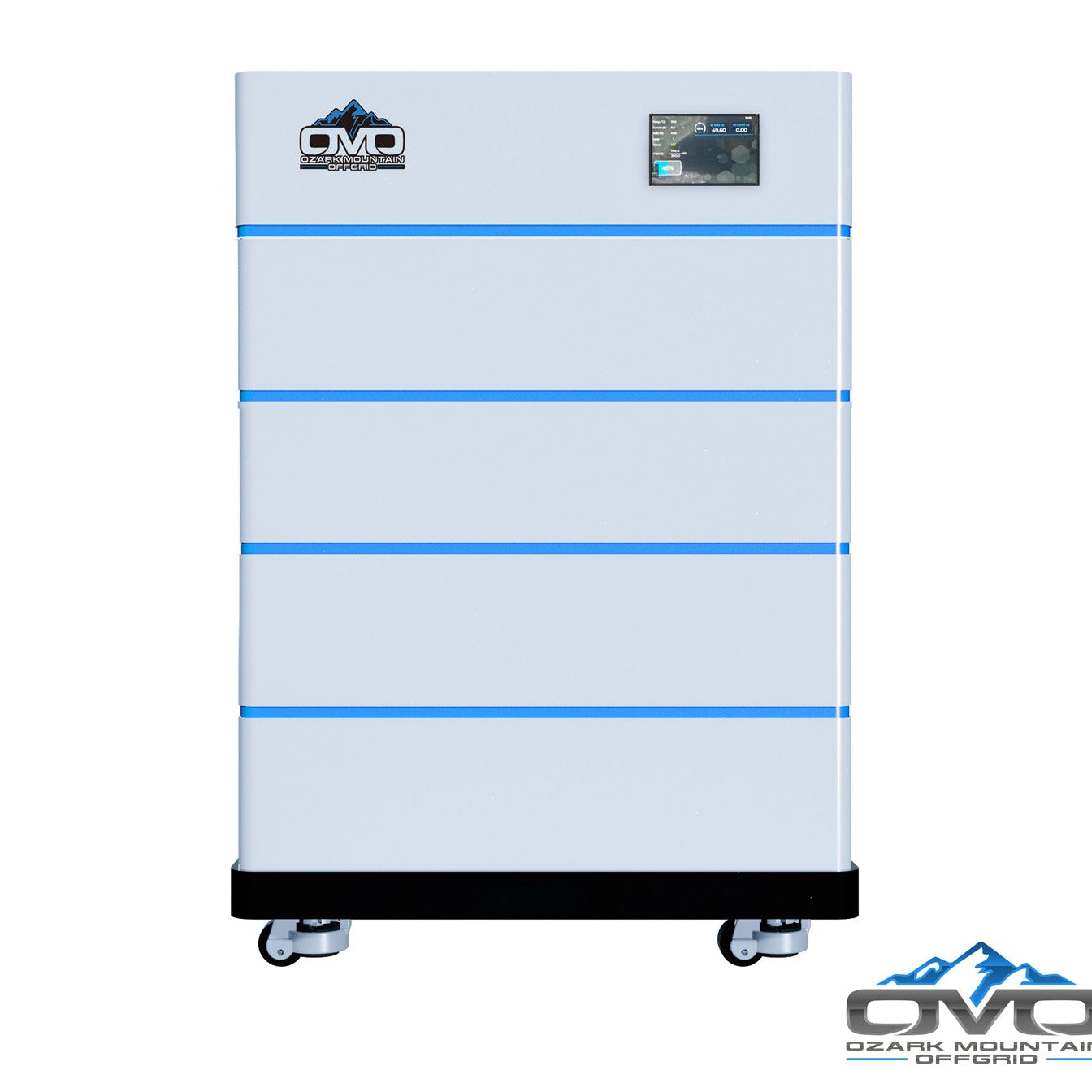 OMO Stackable 51.2V 20.48KW Heated LifePO4 Lithium Battery System - 4x 5.12KW Batteries + LCD Display Combiner + Wheeled Base