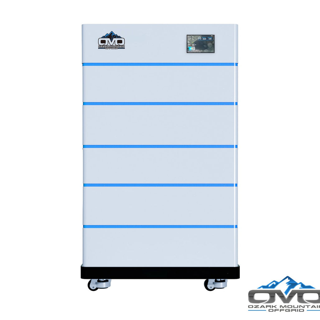 OMO Stackable 51.2V 25.6KW Heated LifePO4 Lithium Battery System - 5x 5.12KW Batteries + LCD Display Combiner + Wheeled Base