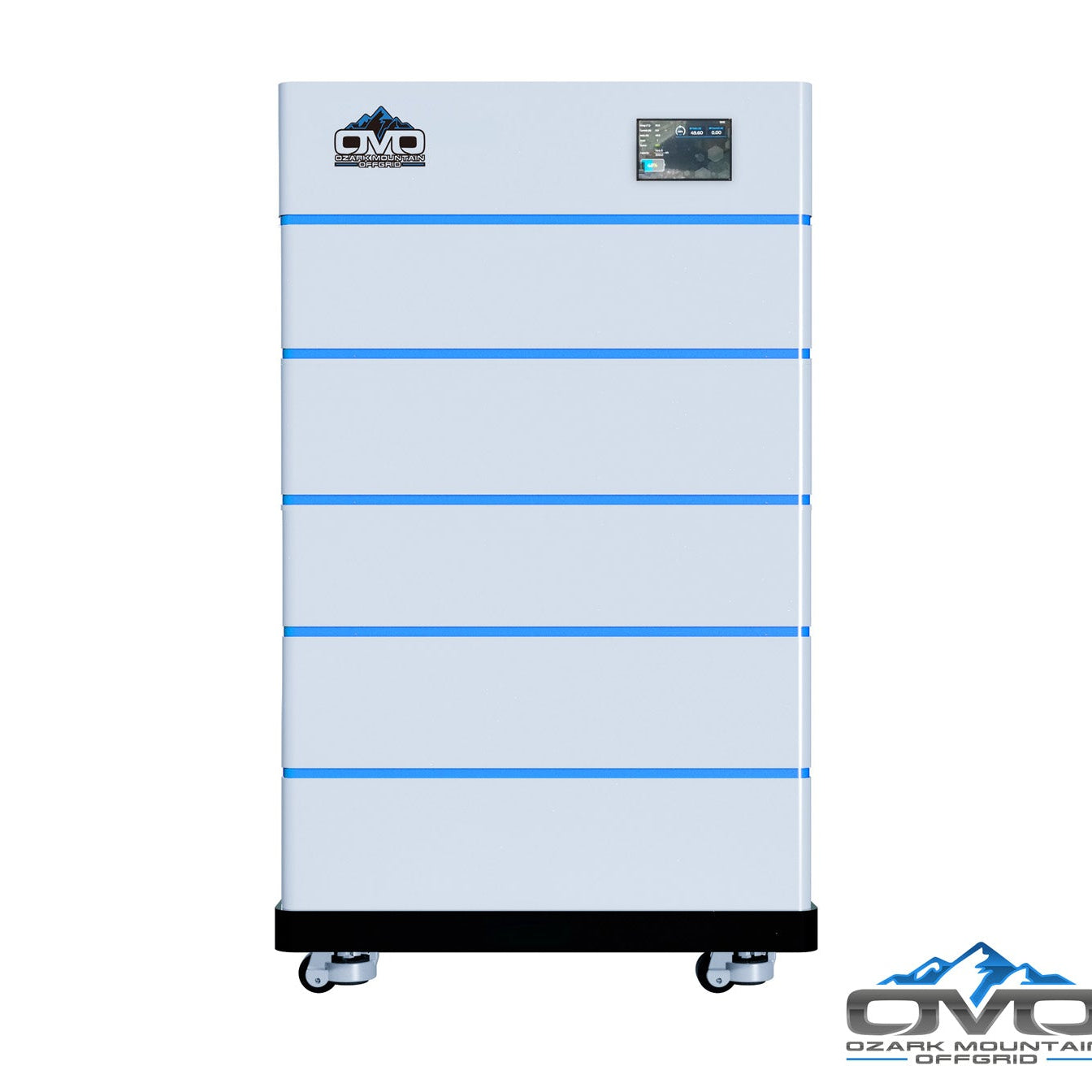 OMO Stackable 51.2V 25.6KW Heated LifePO4 Lithium Battery System - 5x 5.12KW Batteries + LCD Display Combiner + Wheeled Base