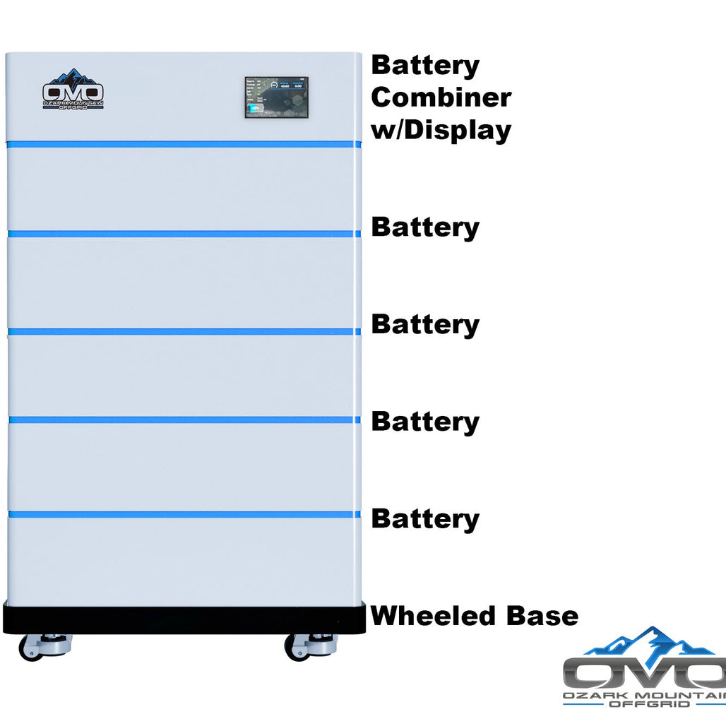 OMO Stackable 51.2V 25.6KW Heated LifePO4 Lithium Battery System - 5x 5.12KW Batteries + LCD Display Combiner + Wheeled Base