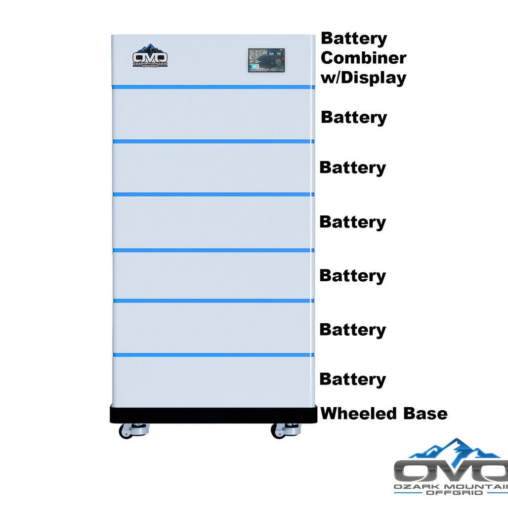 OMO Stackable 51.2V 30.72KW Heated LifePO4 Lithium Battery System - 6x 5.12KW Batteries + LCD Display Combiner + Wheeled Base