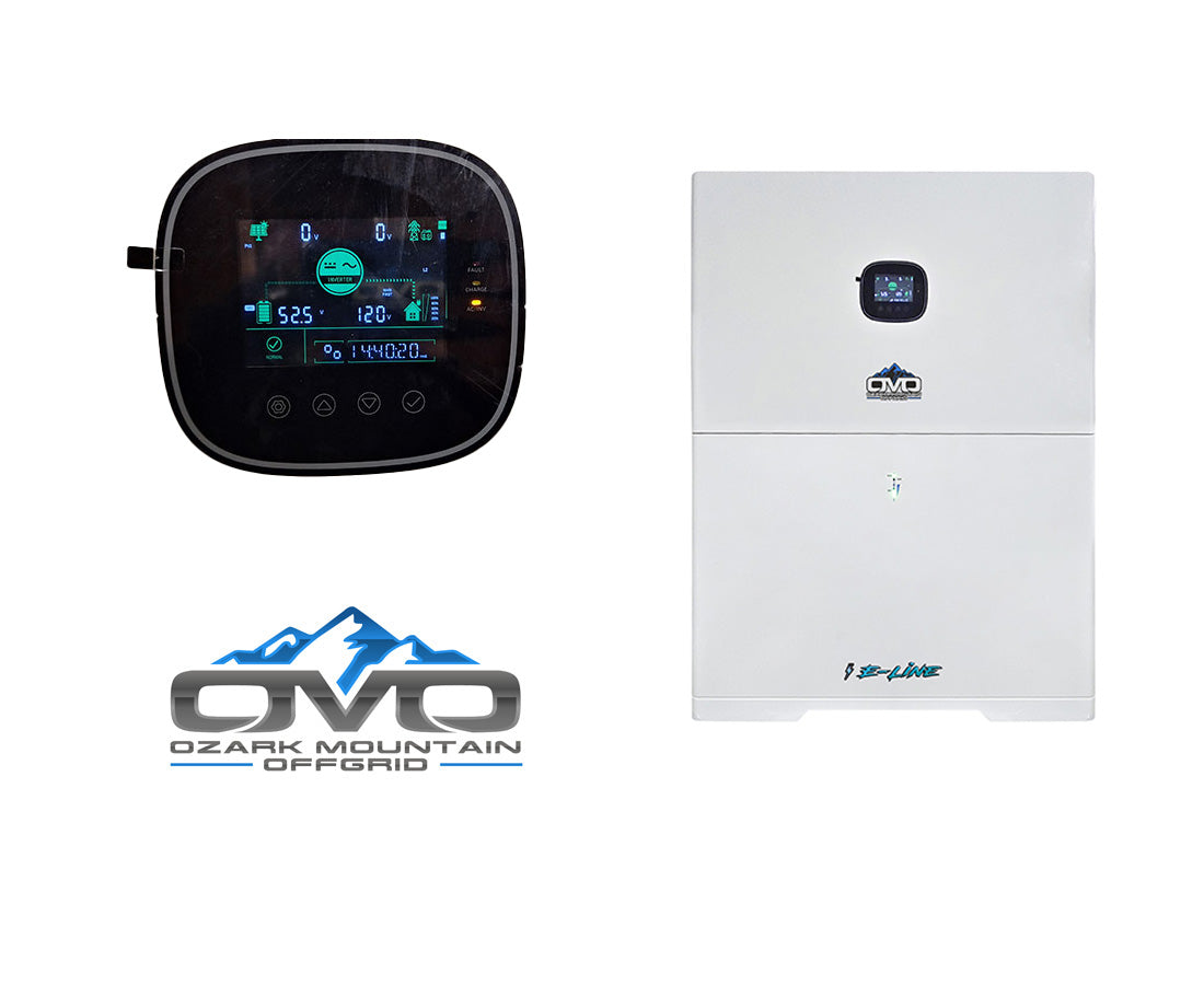 2.28KW Complete Offgrid Solar Kit + 10K 120V/240V OMO E-Line Inverter + 10.24KW OMO E-Line Lithium Battery +2.28KW Solar with Roof Mounting Rails and Wiring