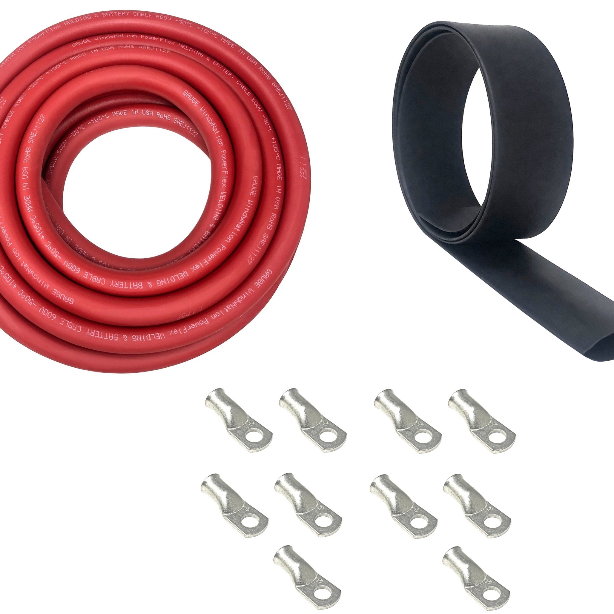 1/0 Gauge Welding Battery Cable Kit - Includes 5 pieces of 3/8" + 5 pieces of 5/16"  Tinned Copper Cable Lugs and 3 Feet Black Heat Shrink Tubing