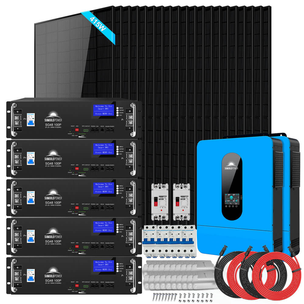 Off-Grid Solar Kit 13000W 48VDC 120V/240V LifePo4 20.48KWH Lithium Battery 14 X 415 Watts Solar Panels SGR-13KM