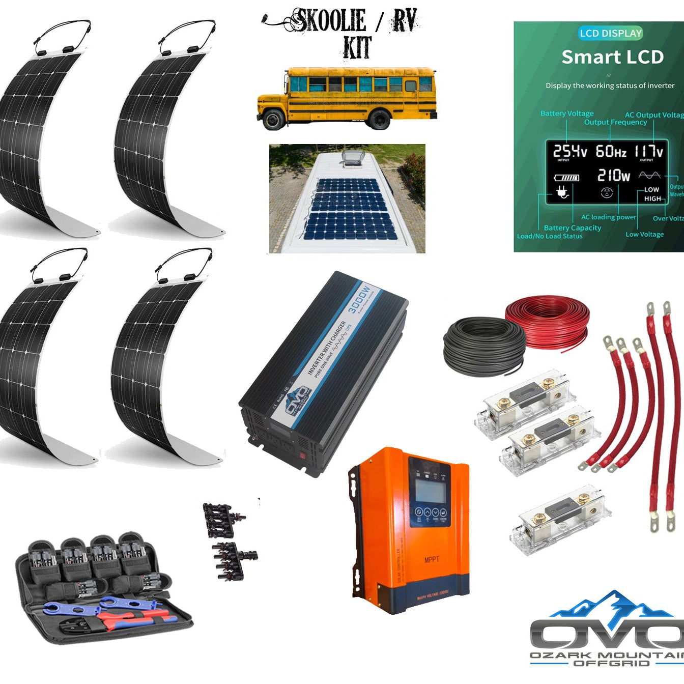 Complete Skoolie Solar System Kit / 60A MPPT Charge Controller / 3000 Watt Inverter