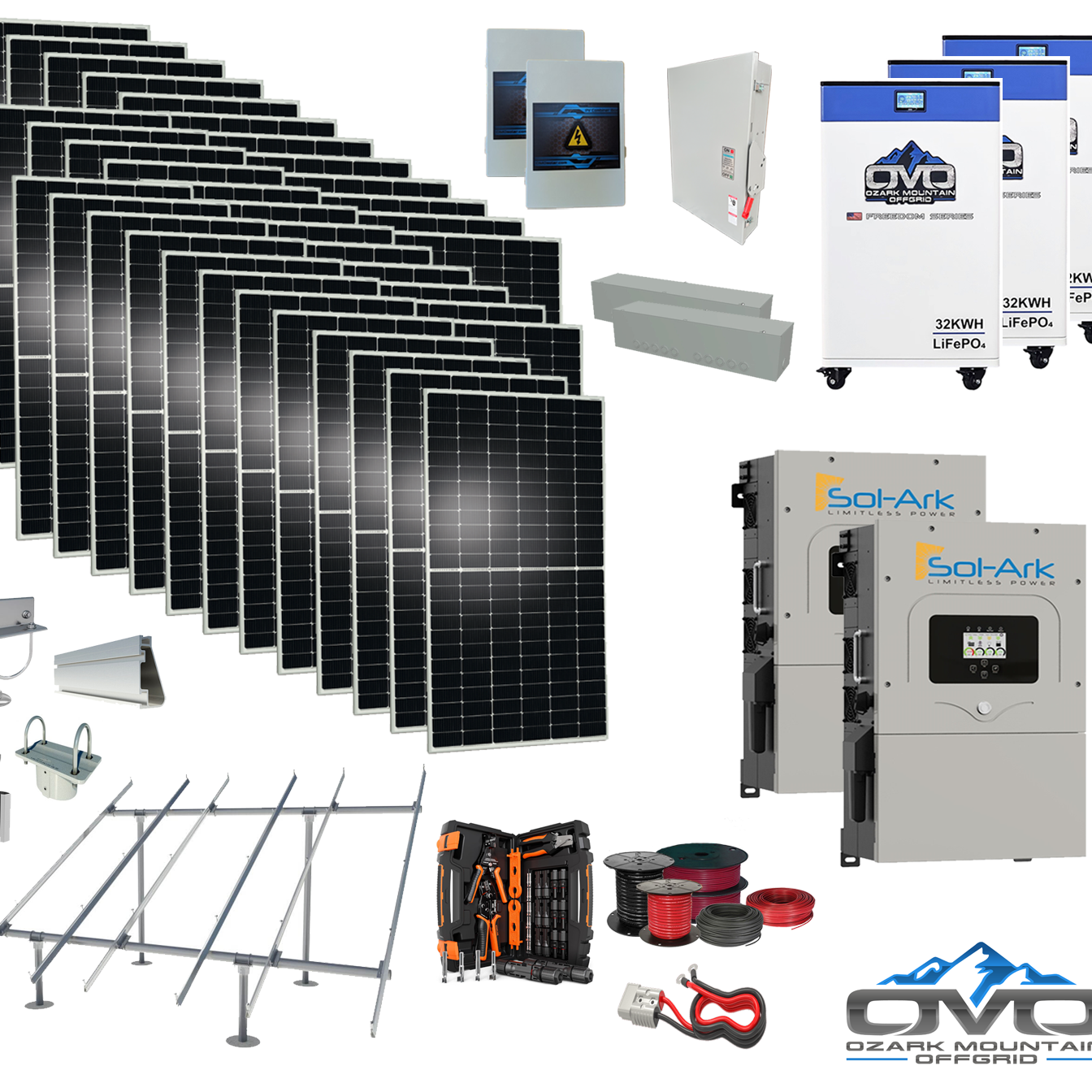 20KW Complete Offgrid Solar Kit - 3x 32kWh OMO 48V Freedom Series Lithium Battery + 2x 15K Sol-Ark Inverter +19.8KW Solar with Ground Mount and Wiring