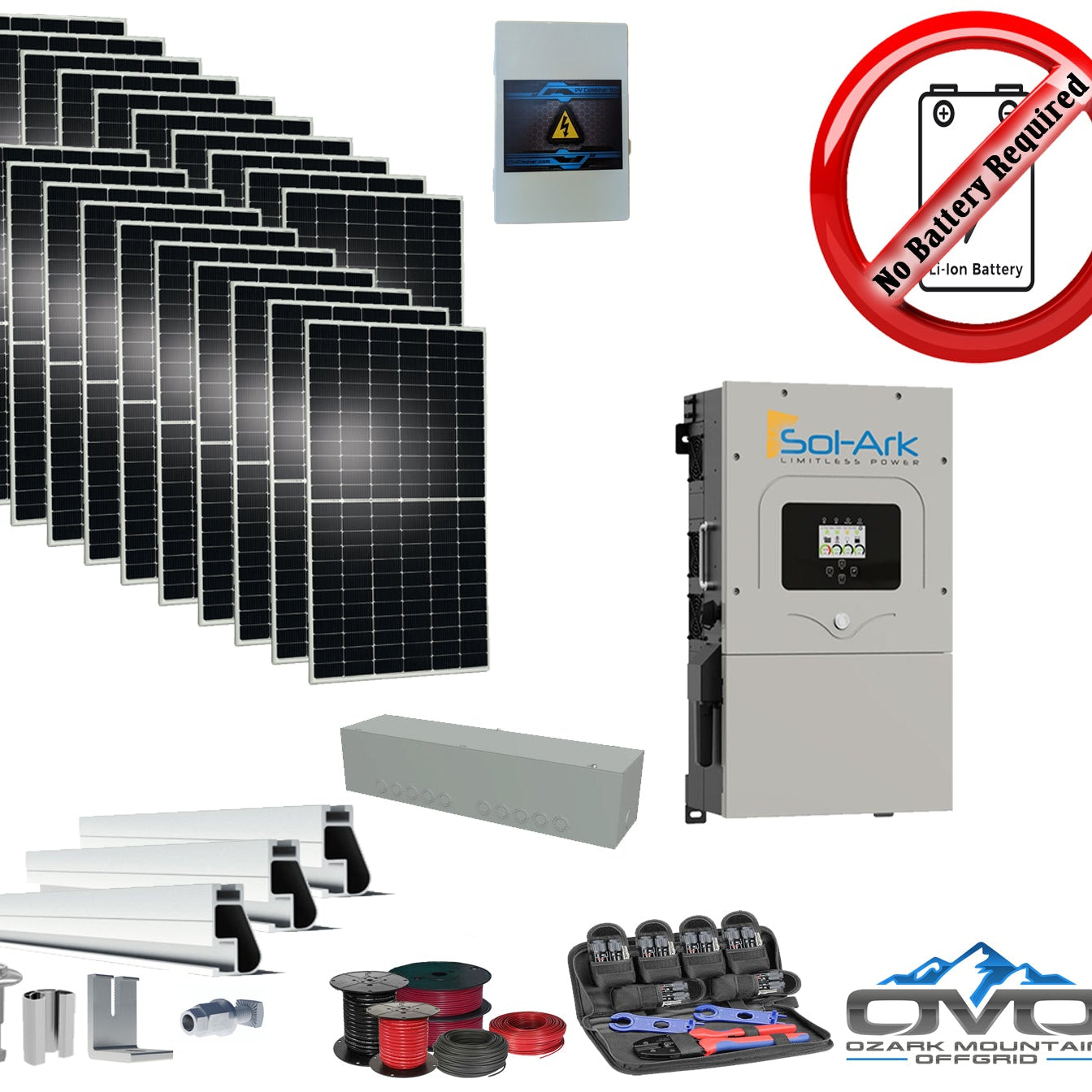 10KW Complete Offgrid Solar Kit + 15K Sol-Ark Inverter +11KW Solar with Roof Mount Rails and Wiring