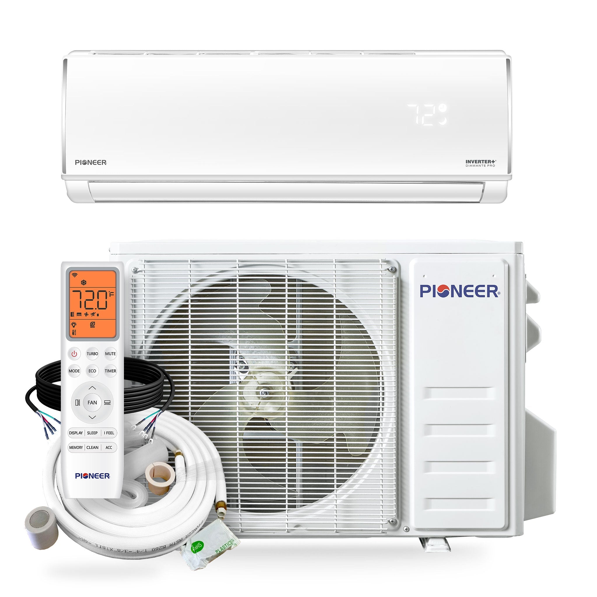 Pioneer® Diamante Pro™ 12,000 BTU 23 SEER2 230V High-Wall Ductless Mini-Split Air Conditioner Inverter Heat Pump with 16 Ft. Kit