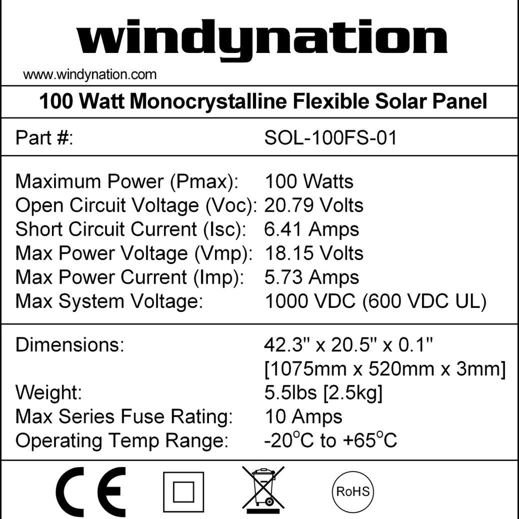 100-Watt 12V Flexible Thin Lightweight Monocrystalline Solar Panel