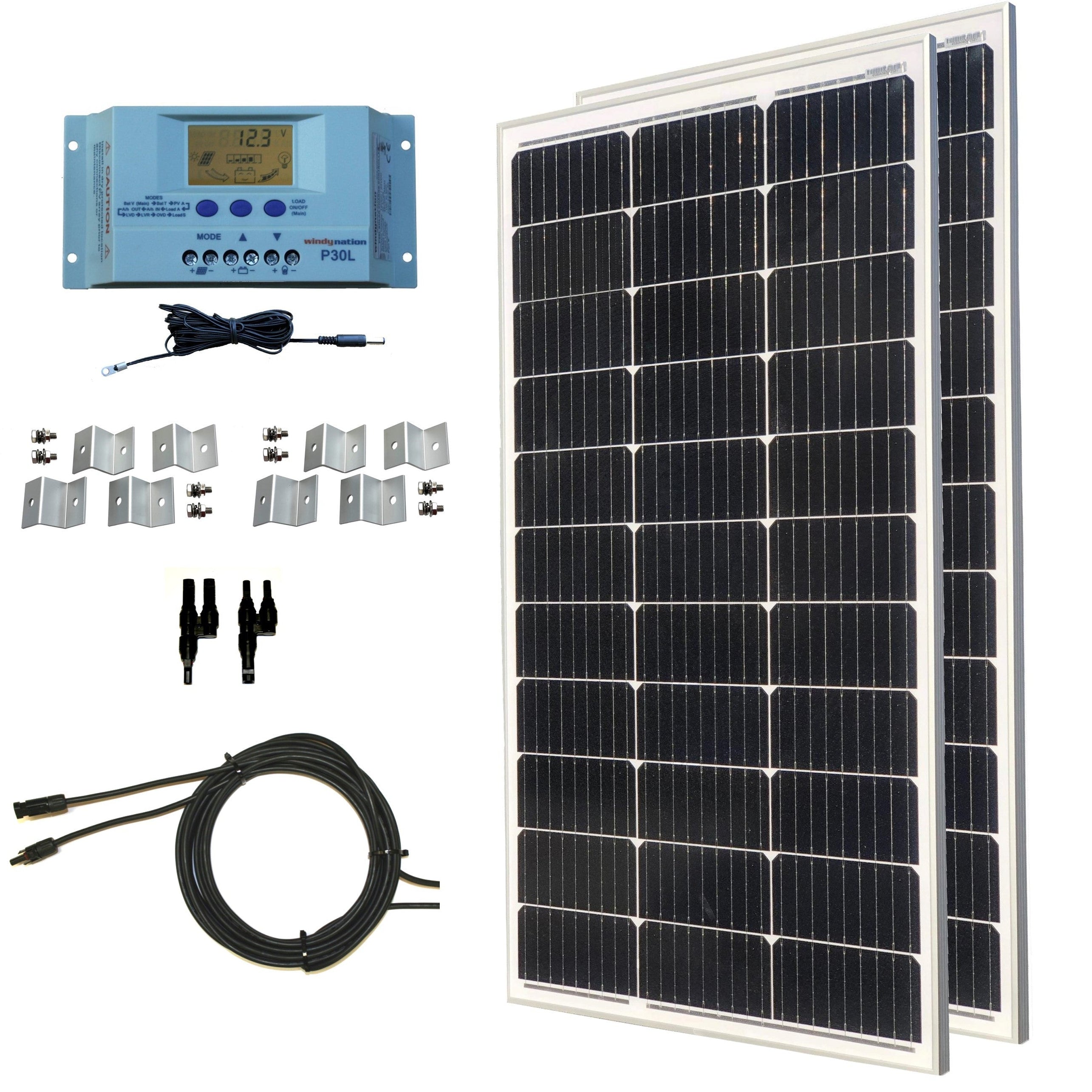 100-Watt Monocrystalline Solar Panel Kits with P30L LCD Solar Charge Controller